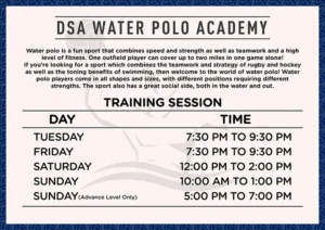 DSA Water polo training days and time