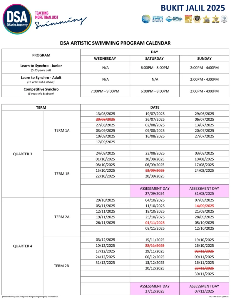 DSA Artistic Swim Calendar - 2025