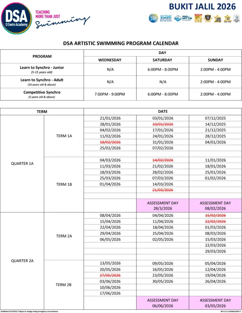 DSA Artistic Swim Calendar 